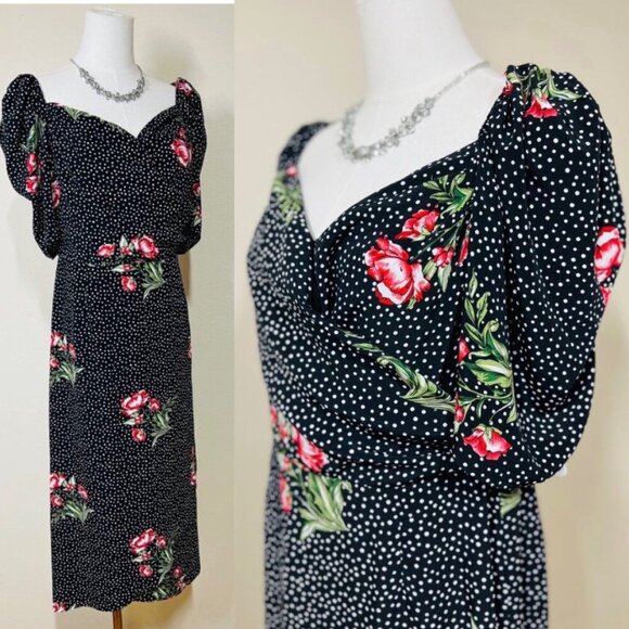 Suzanne Betro Dresses & Skirts - Suzanne Betro Black Floral Polka Dot Puff Sleeve Wrap Dress XL / 1950s Homemaker